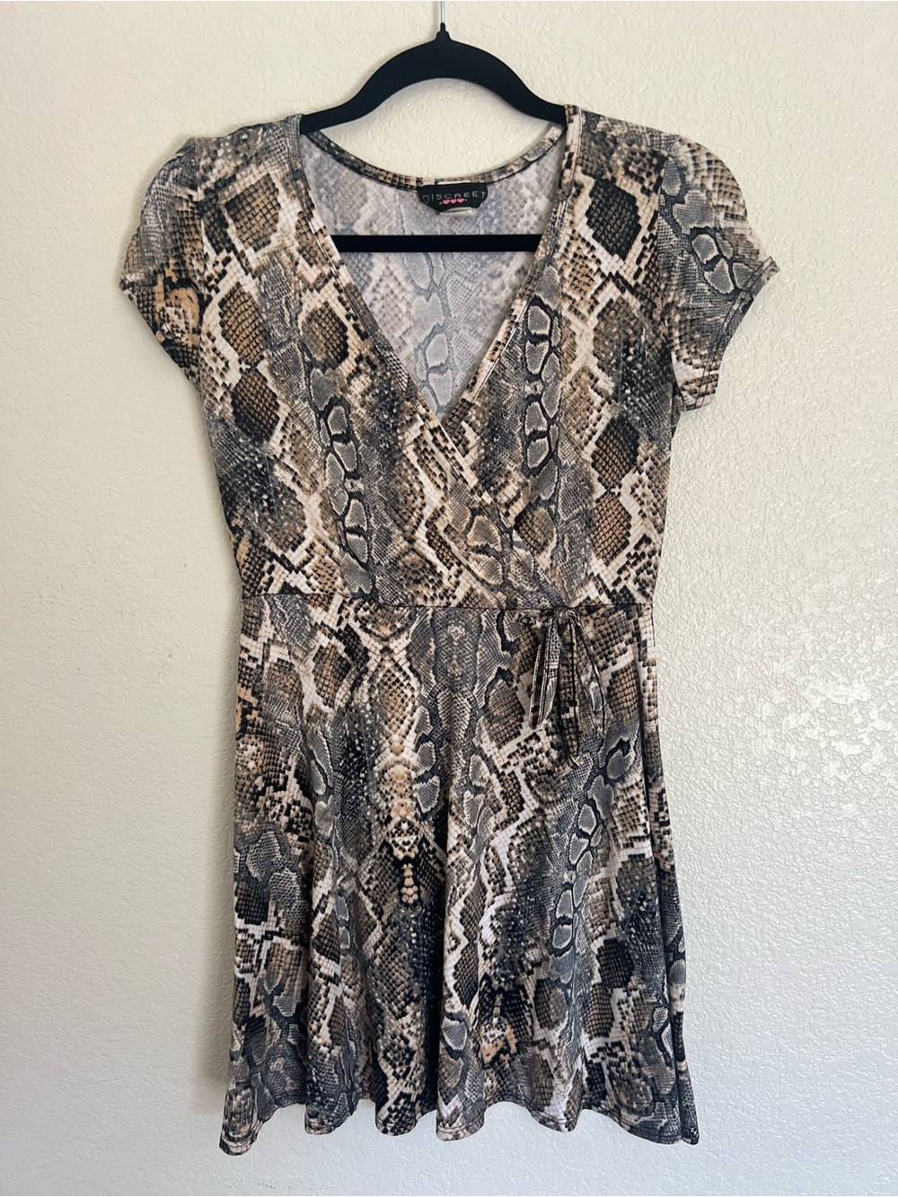 Discreet Snake-Print Wrap Mini Dress in Brown and Gray